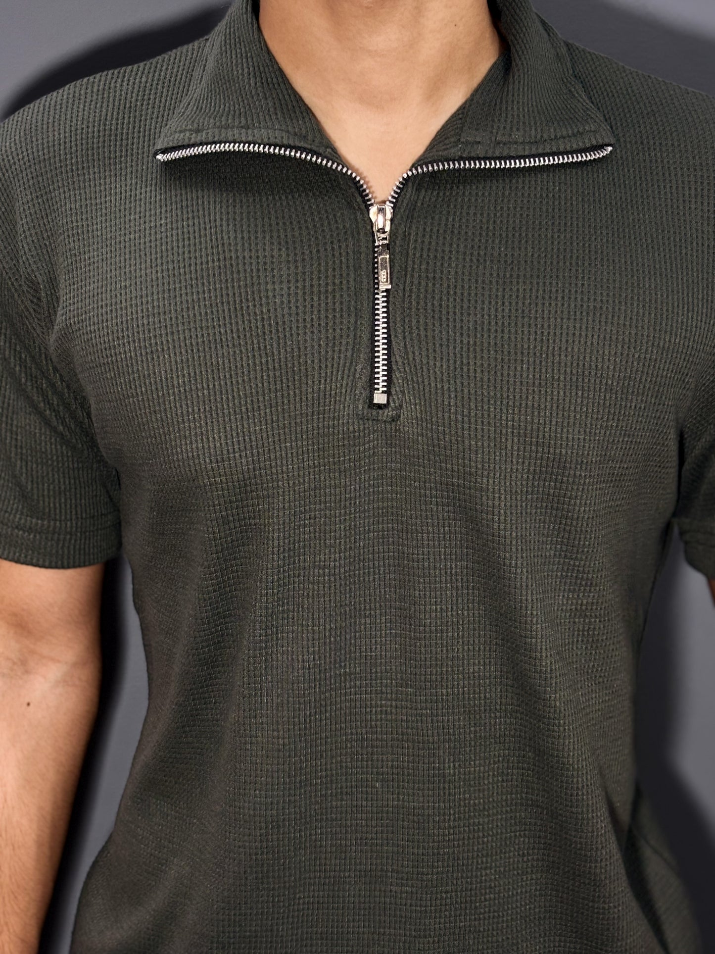Waffle Knitted Zipper Polo - Green