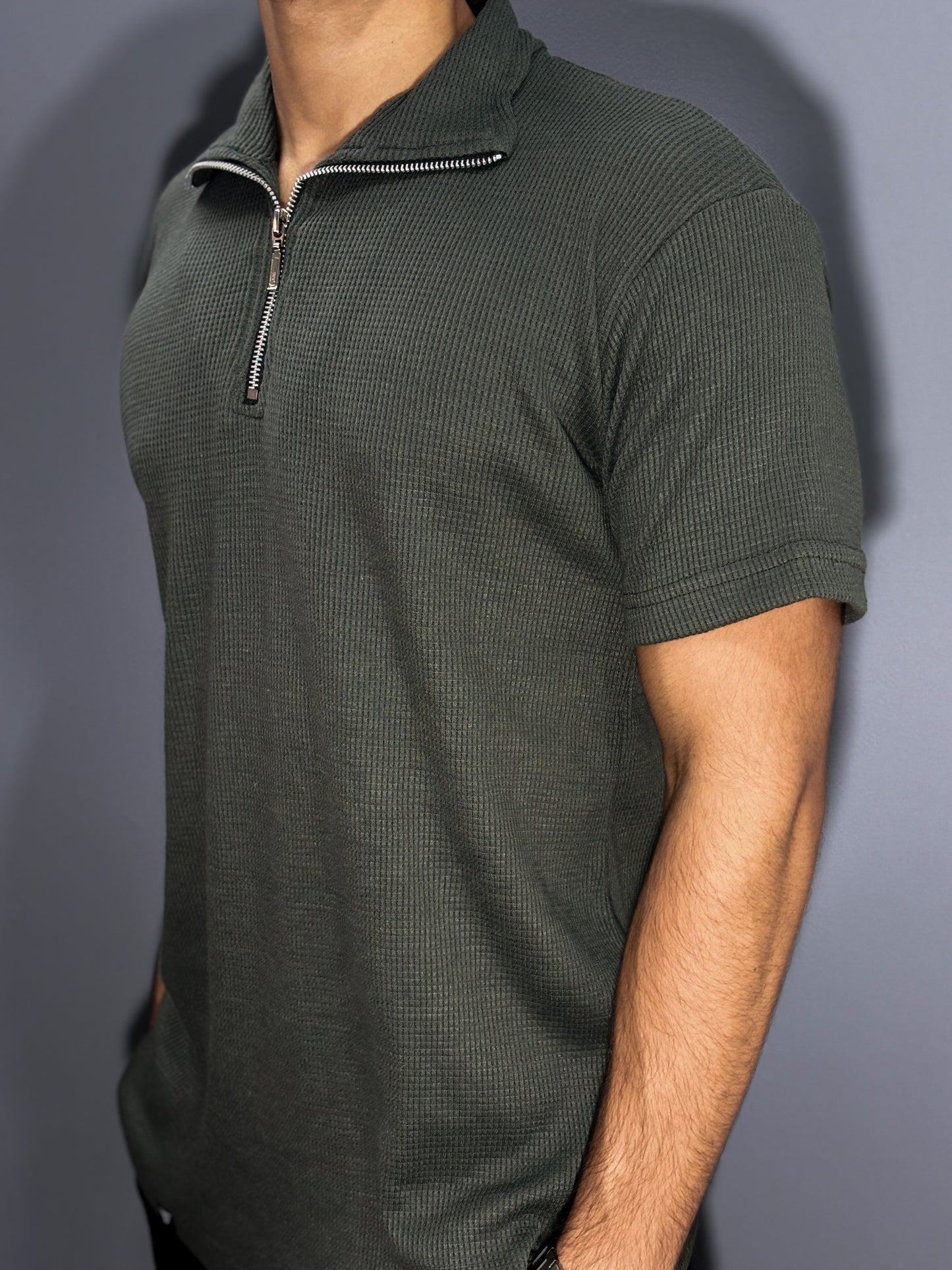 Waffle Knitted Zipper Polo - Green
