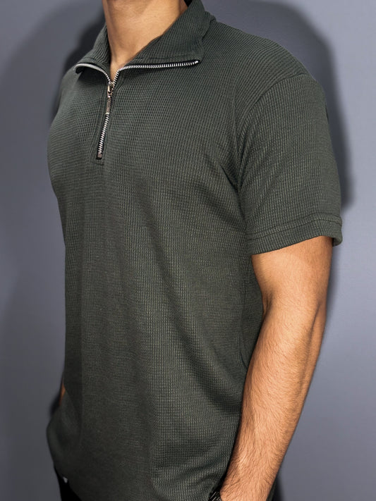 Waffle Knitted Zipper Polo - Green